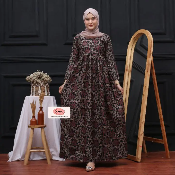 Gamis Lebaran Busui Bahan Katun Dress Murah All Size Batik Kondangan Poliester Hitam Navy Cantik Dewasa Kerah Putih Panjang Nyaman Muslim Bunga 6