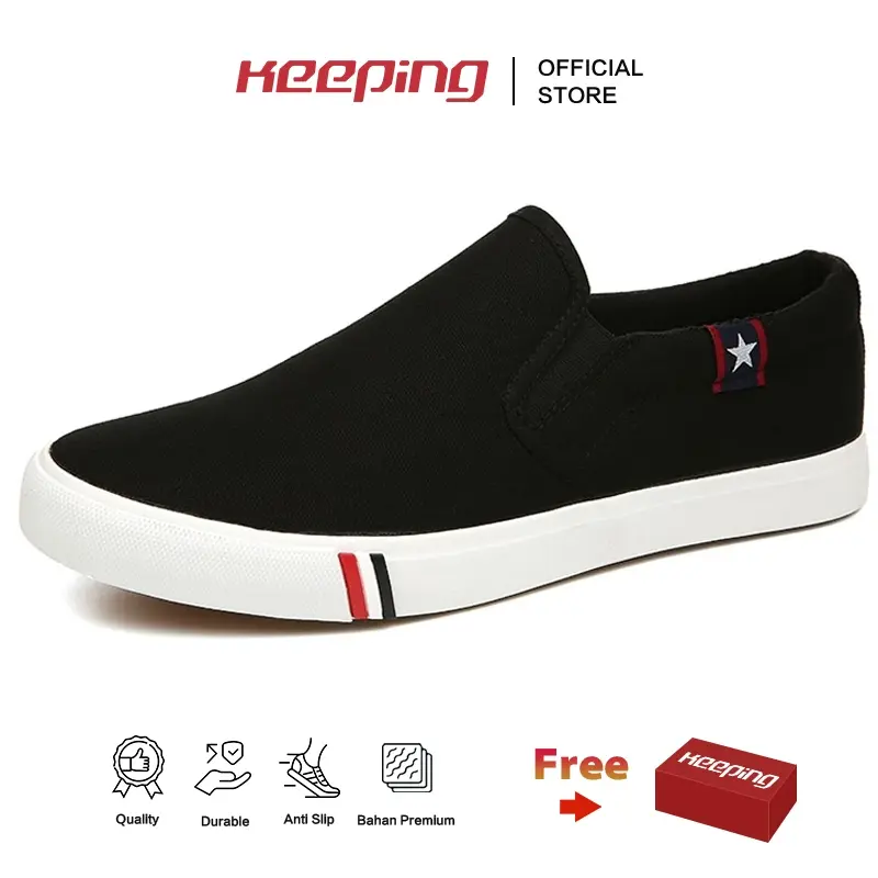 Keeping Sepatu Slip On Pria Original Sepatu Hitam Cowok Sneakers Slop Wakai Spatu Kasual KSC406 0