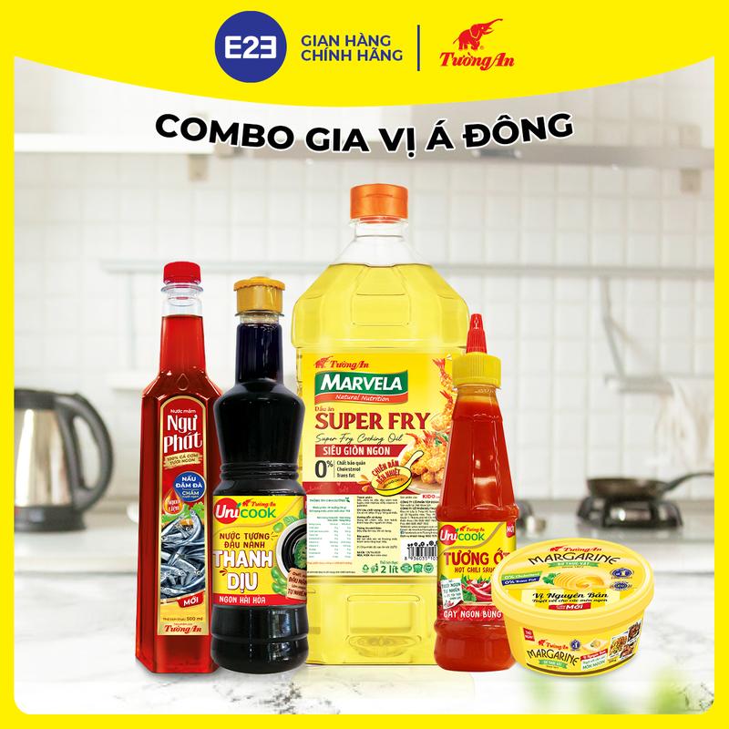 Combo Gia Vị Á Đông: Dầu Ăn Tường An Super Fry Chai 2L, Nước Mắm Ngư Phát Đỏ 500ml, Bơ Thực Vật Vị Nguyên Bản 200g, Nước Tương Đậu Nành Tường An Unicook Thanh Dịu 500ml, Tương Ớt Tường An Unicook 310gr