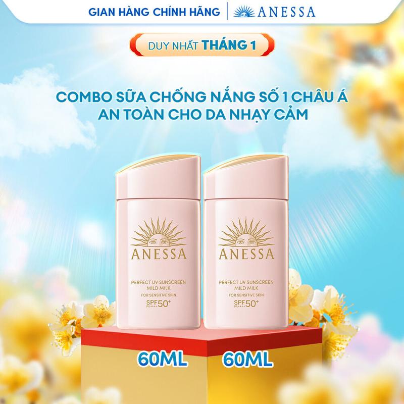  Combo Sữa chống nắng dưỡng da dịu nhẹ an toàn cho da nhạy cảm và trẻ em Anessa Mild Milk SPF50+ PA++++ 60mlx2 