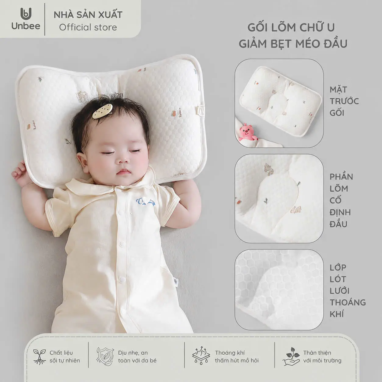 UNBEE - Gối Lõm Chữ U Chống Bẹp Méo Đầu Cho Bé Sơ Sinh UnBee Chất Liệu Bamboo Thoáng Mát KT 38x25cm - PG076