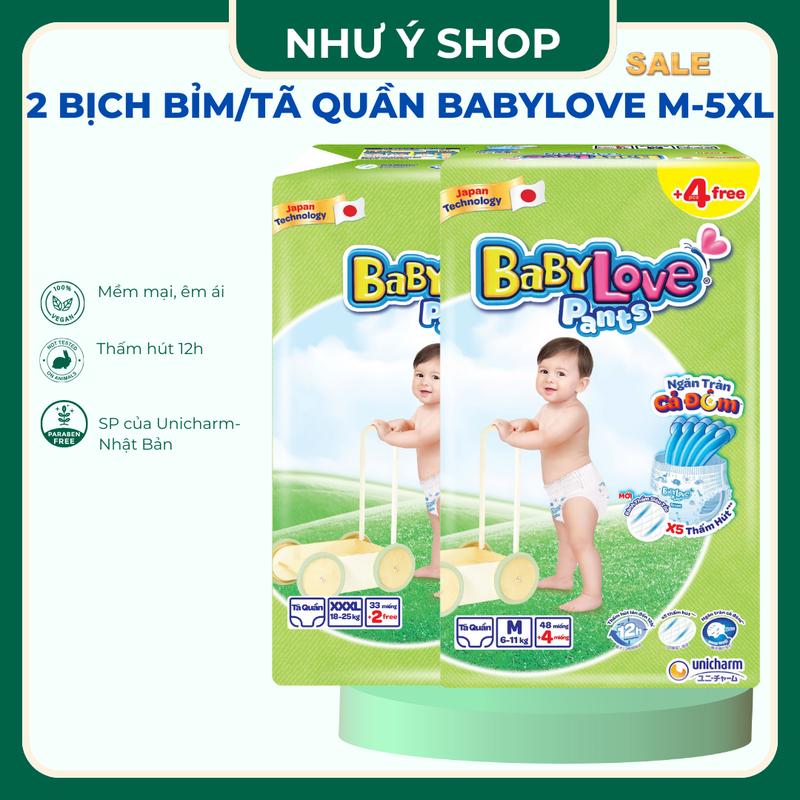   Tặng khăn ướt 80 tờ  Combo 2 bịch Bỉm Tã Quần BabyLove đủ size M đến 5XL cho bé từ 6 đến 35kg size M đến 2XL mỗi bịch 48 miếng size 3XL đến 5XL mỗi bịch 33 miếng bỉm của tập đoàn Unicharm Nhật Bản sản xuất tại VIệt Nam ngăn tràn cả đêm 
