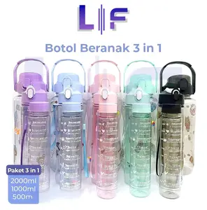 Botol Minum Transparan Viral Botol Motivasi Beranak 3in1 Korea 2 Liter + 1000ml + 500ml Set