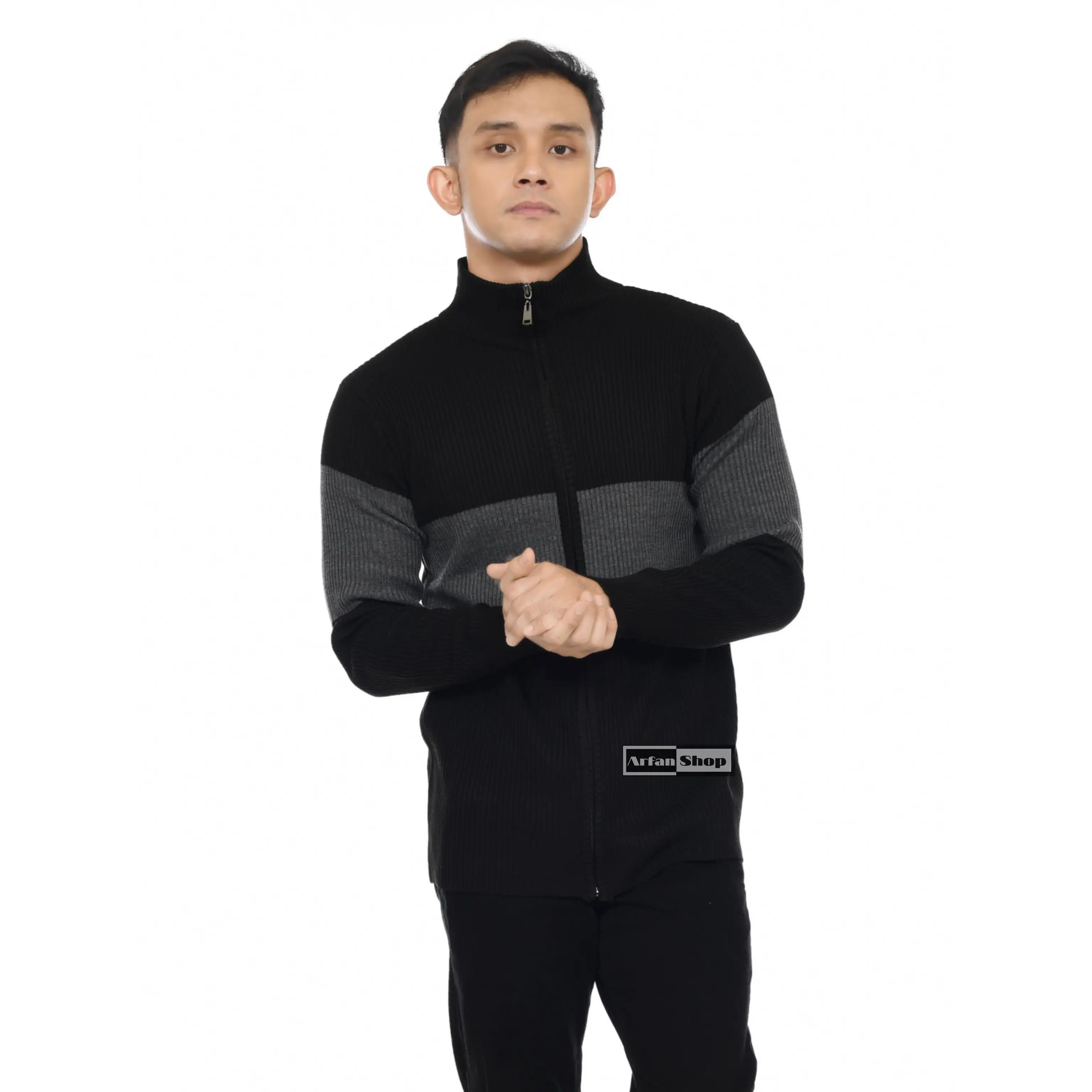 Sweater Rajut Zipper Turtleneck Pria Tebal | Jaket Knit Resleting Leher Tinggi | Knitwear Hitam Cowok
