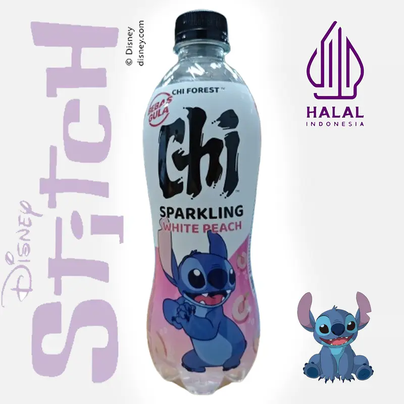 Chi Forest Sparkling Water Bebas Gula White Peach 480 ml Disney Stitch  Edition Air Botol Buah Food Minuman Putih Segar Sehat Bahan Sirup Etawa Wijen Selai Garing Maryam Soda Platinum 0