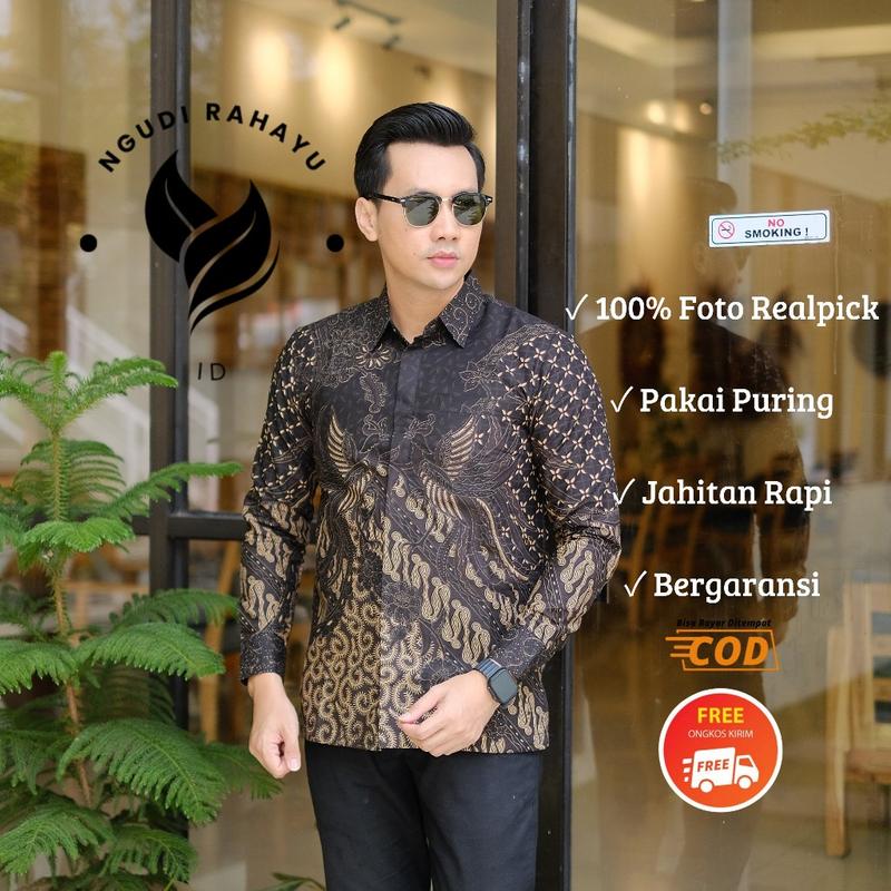 Product Introduction of Batik Pria Premium batik pria modern 2025 Nyaman Baju Fit Katun Panjang Hitam Motif Dewasa Kerja Cowok Hem Slim Keren 3