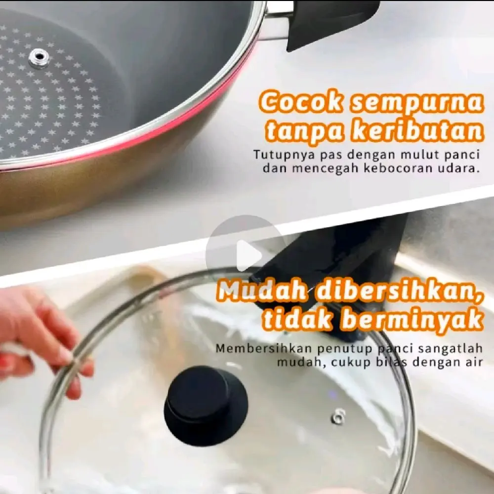 Tutup Kaca Fry Wok Pan Wajan Teflon Panci Size 26 28 30 cm Ori BABAJIU Penggorengan Stainless