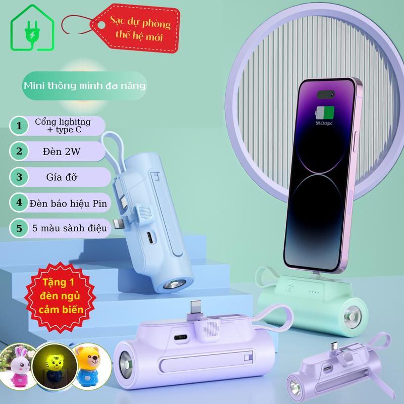 (Tặng 1 đèn ngủ cảm biến) Pin Sạc dự phòng mini đa năng thông minh đèn pin 2w giá đỡ điện thoại 2 cổng lightning và type C 5000mah nhiều màu sắc Pin dự phòng Phụ kiện