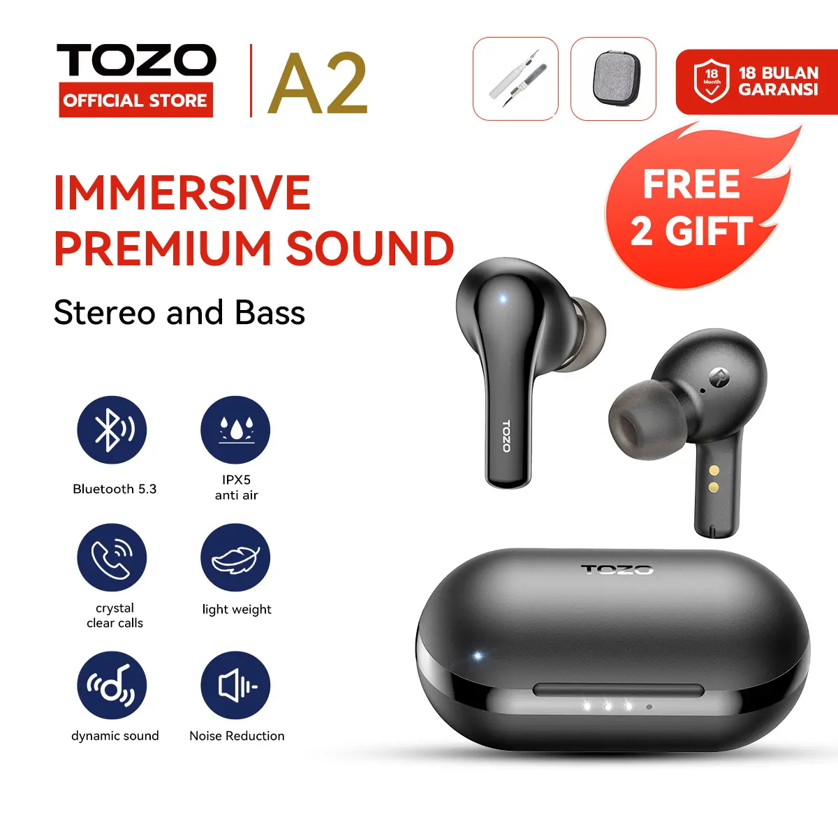 Tozo A2 True Wireless Stereo Headset Bluetooth 5.3 Mini Size Earphone Premiun Quality Earbuds Suara Hi-Fi TWS Ringan Tahan Lama Anti Air Olahraga