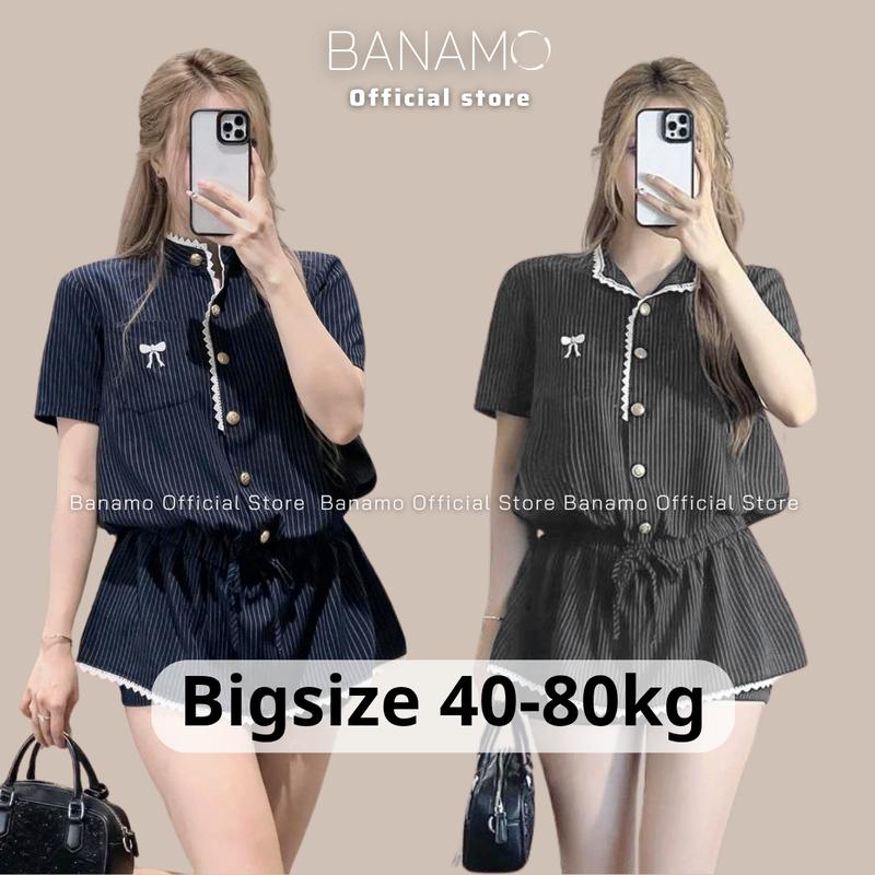 Set bộ quần áo BIGSIZE Banamo Fashion bộ cộc tay cổ tàu đính cúc đồng thêu nơ ngực kèm quần short kẻ sọc 1901   Women  Top Kem Jacket