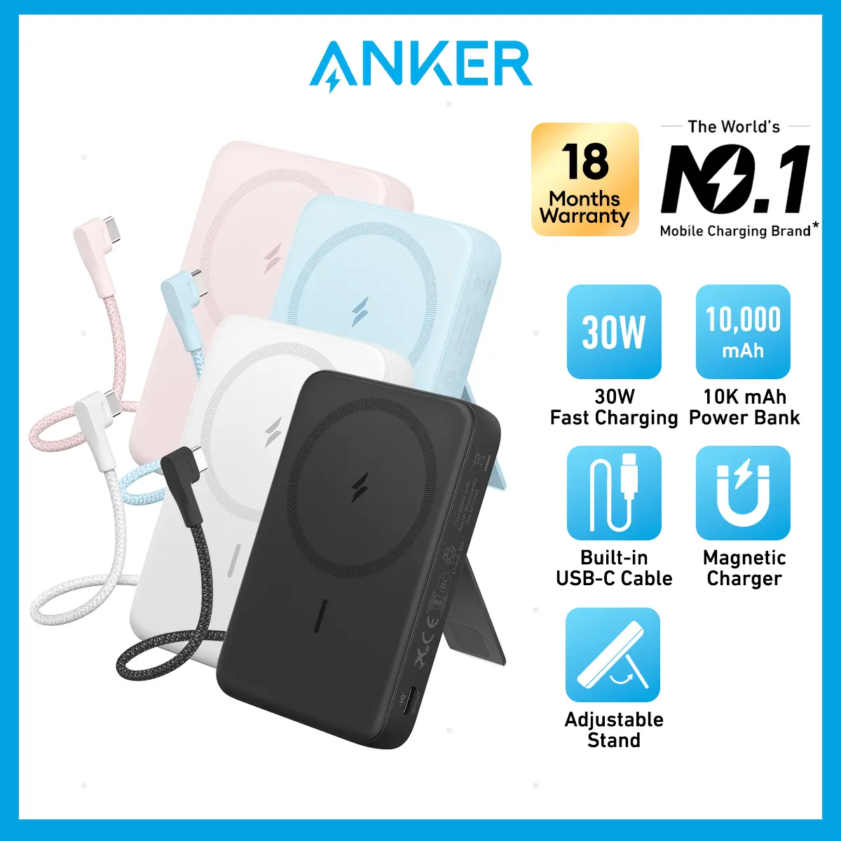 Anker Powerbank Zolo Magnetic Power Bank 10,000mAh Wireless Portable Charger 30W with USB C Cable Fast Charging A1685