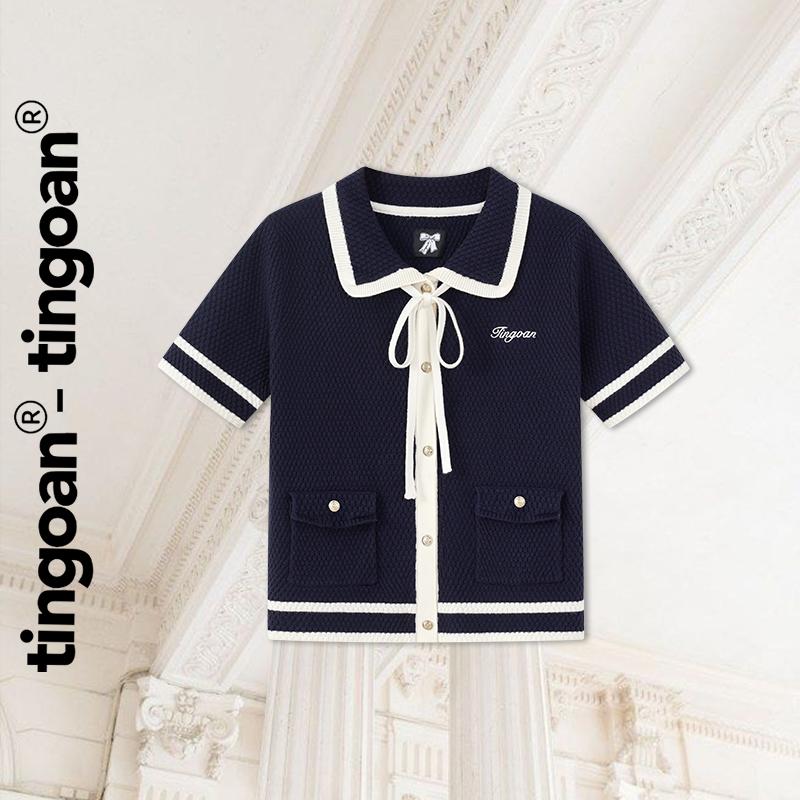 TINGOAN - Áo len xanh than cổ bẻ phồi viền trắng EVIE TOP DB
