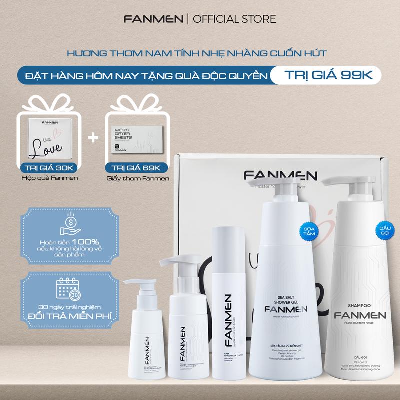 [ GMV - Combo Toàn Diện ] Combo Dầu gội sạch gầu mượt tóc 350ml, Sữa tắm muối biển chết 350ml , Bọt vệ sinh khử mùi diệt khuẩn 100ml, Sữa rửa mặt muối biển chết 100ml và Toner AHA BHA 150ml dưỡng ẩm cho nam Fanmen | Tặng Hộp Đựng WLt Kèm Quà 0Đ