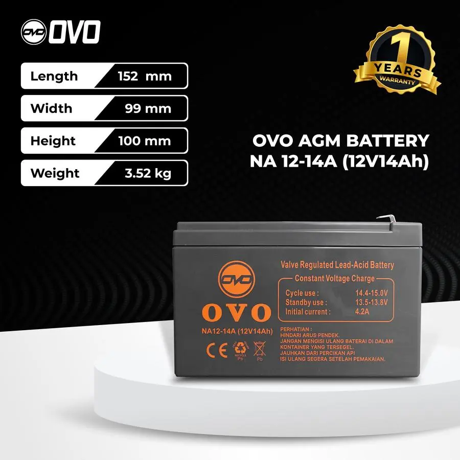 Baterai OVO 12V 14AH Aki Kering 12V 12AH Garansi 1 Tahun