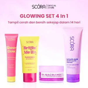 [4 PCS] SCORA GLOWING SET / Sheer Glow Tone Up Cream 30 gram / Bright Me Up Sunscreen SPF 40 PA++++ / 5% Niacinamide Moisturizer Gel / Facial Wash Salicylic Acid Gentle Low PH Cleanser