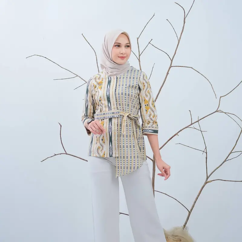 Baju Batik Wanita Lengan Panjang Motif Daun Waru Modern Monalisa Genes Blouse Bahan Katun Basic Asli Pekalongan 3