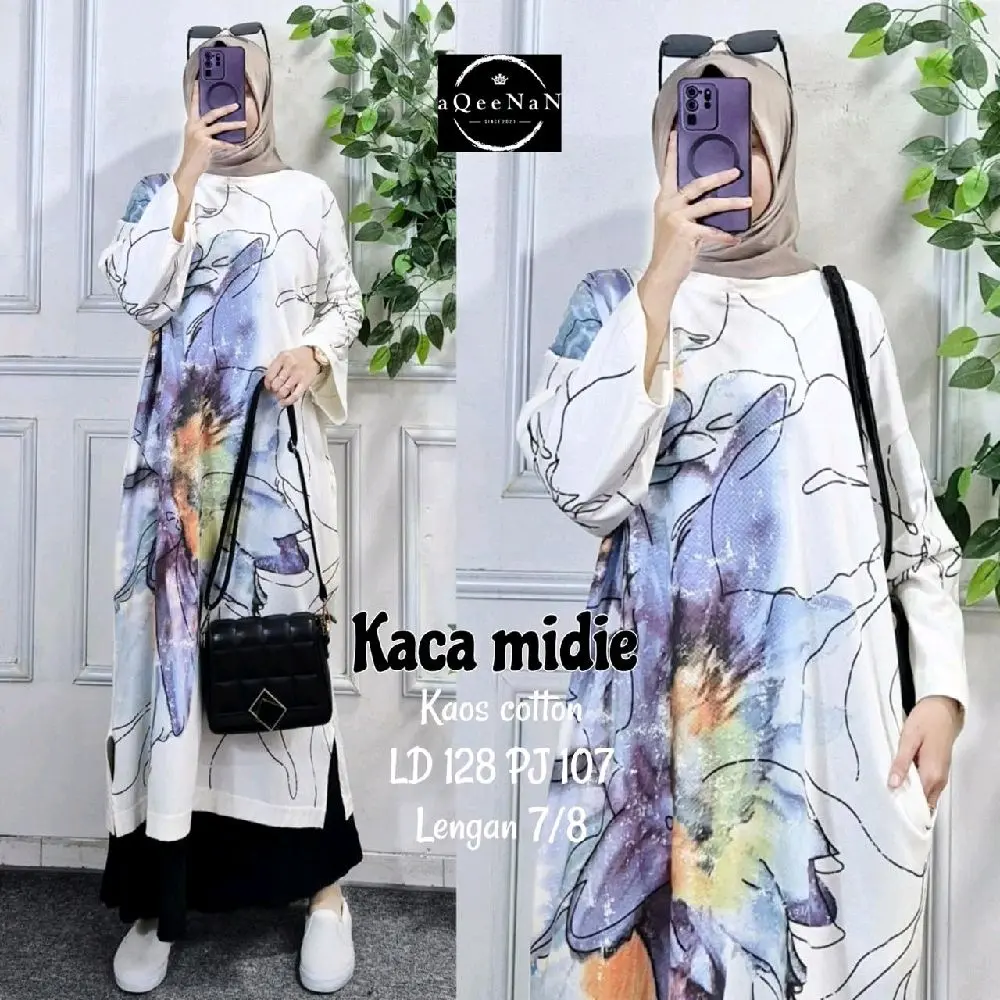 TUNIK WANITA KACA MIDI (bahan kaos) Lengan 7/8 - Panjang 107 cm, Lingkar Dada 128 cm - Wanita, Nyaman, Pendek, Simple, Santai Muslim