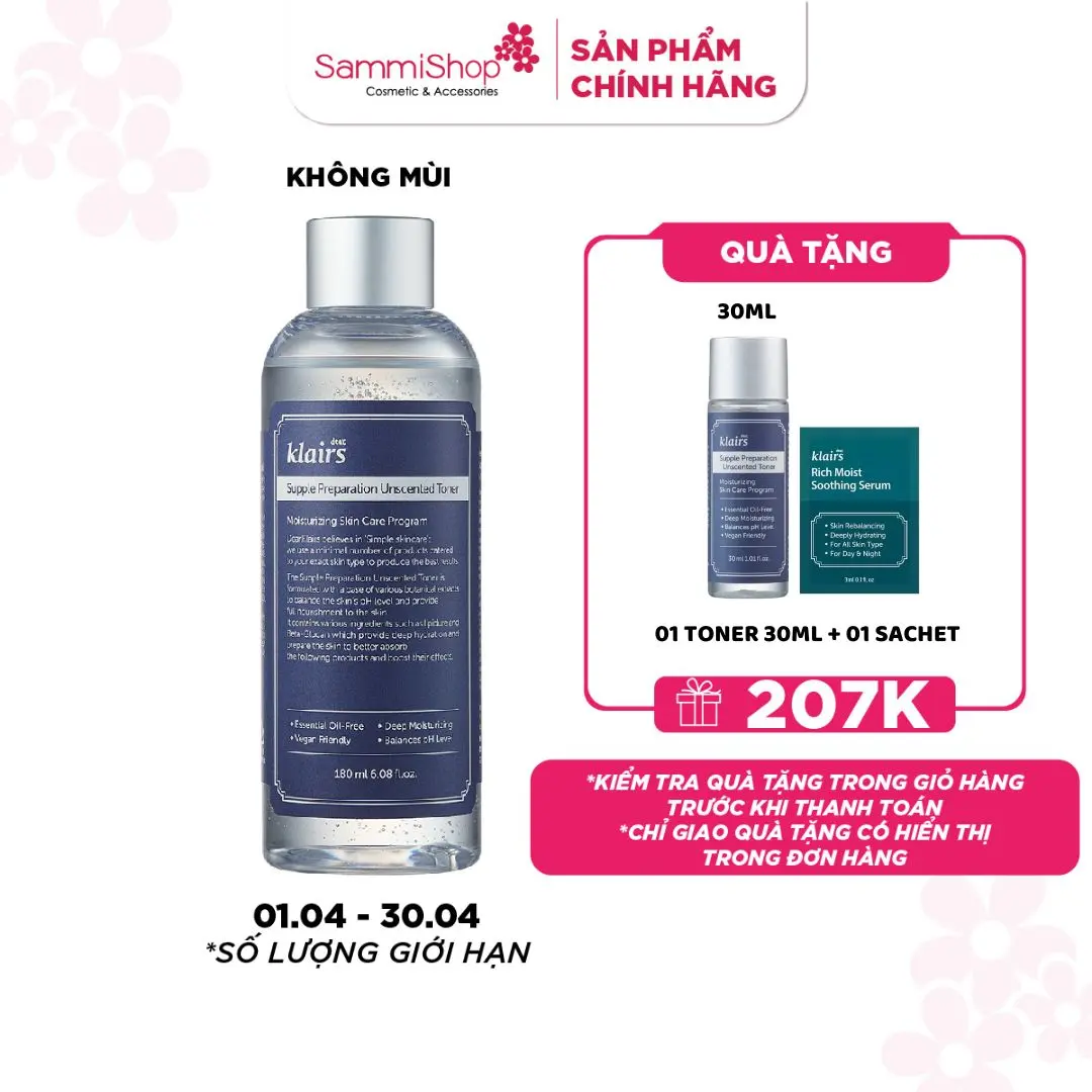 KLAIRS Supple Preparation Unscented Toner 180ml - Nước hoa hồng ( Dưỡng Ẩm Da ) LC