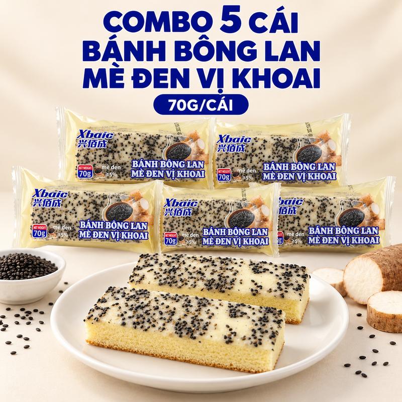 Combo 5 Cái Bánh Bông Lan Mè Đen Vị Khoai 70g/Cái – Bánh Mềm Xốp Thơm Ngon, Ăn Sáng Và Ăn Vặt