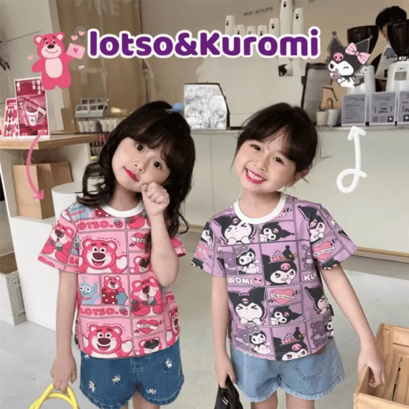 ByKiddos - Atasan Kaos Anak Perempuan Gaya Kasual Longgar Lengan Pendek Bermotif Lotso Dan Kuromi Fashion Lucu 2