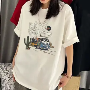 Kaos oblong longgar leher bulat baru musim gugur 2025 lengan pendek wanita, atasan motif pelajar wanita, ukuran ins