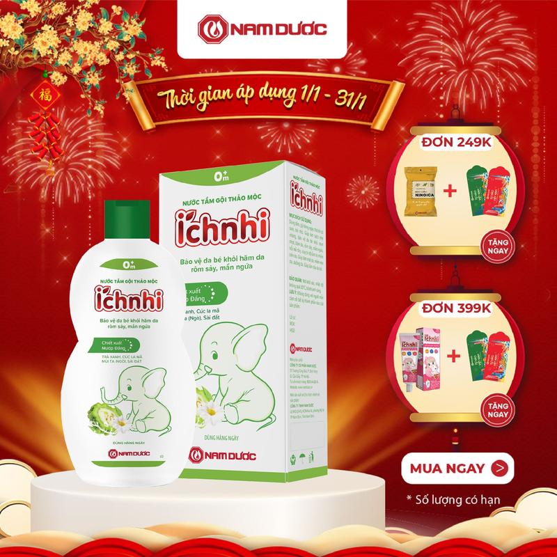 Nước tắm gội thảo mộc Ích Nhi cho bé sơ sinh trẻ nhỏ từ 0- 3 tuổi chai 230ml giúp làm sạch da mát da và dưỡng da trẻ bảo vệ da trẻ khỏi mụn nhọt hăm da rôm sảy mẩn ngứa