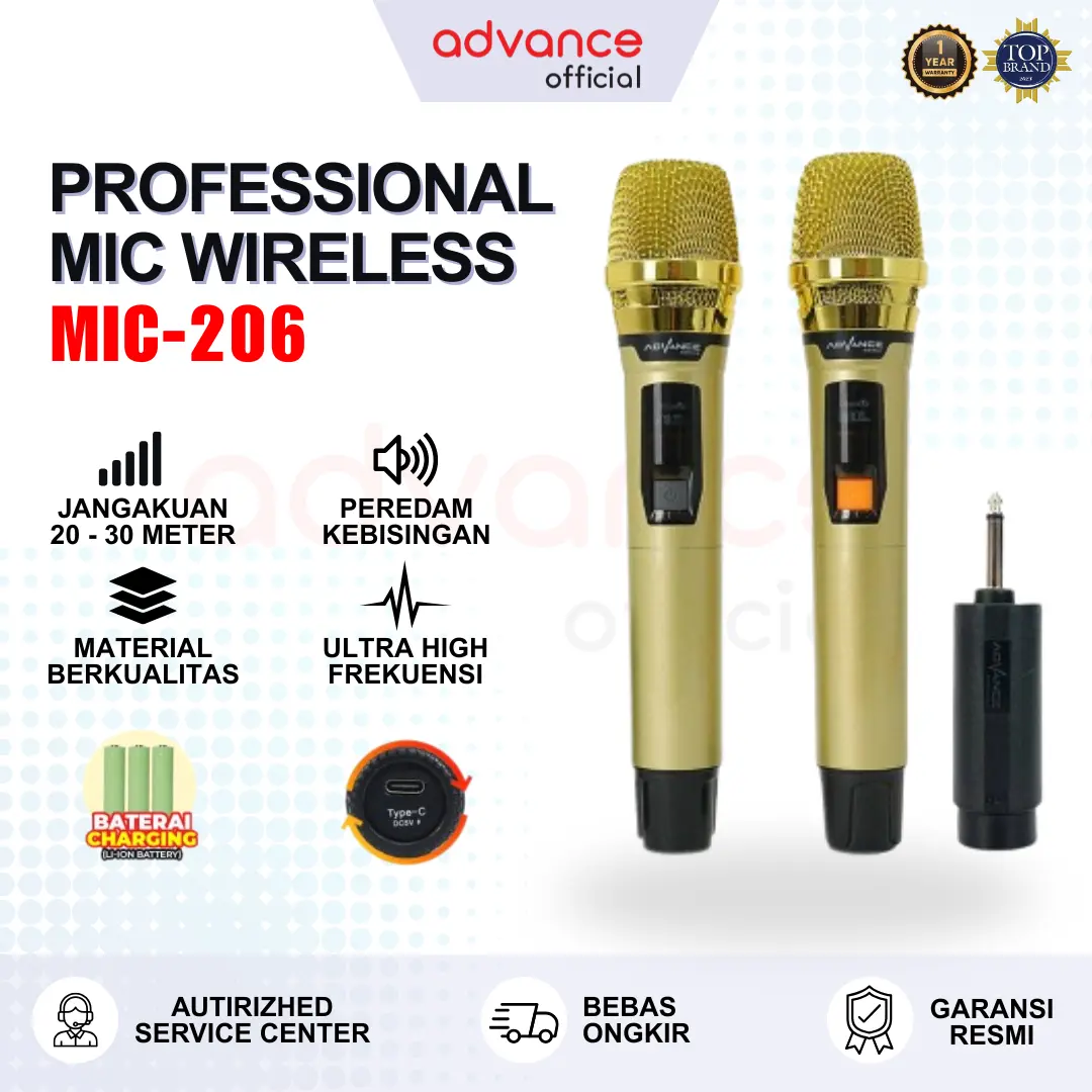 【COD】Ready Advance MIC-206 Double Mic Wireless UHF Recharger Gold Microphone Mikrofon Plastik ABS Garansi 1 Tahun