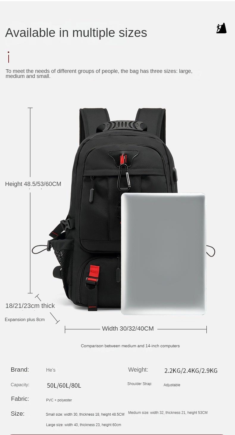 Product Introduction of Ba lô du lịch, dành cho nam giới, Dung tích 60L, Không thấm nước, Thích hợp cho máy tính xách tay 17 inch, Có các tùy chọn 50L và 80L, Ba lô đi bộ đường dài, Đi du lịch với ngăn đựng giày 28