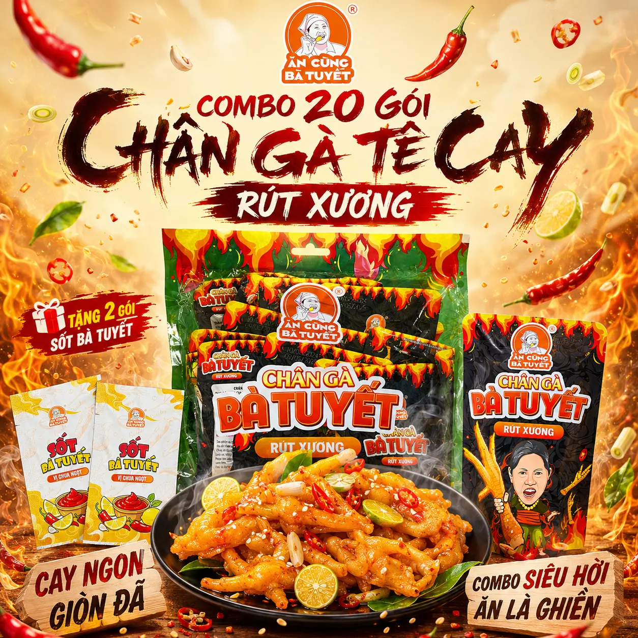 (KOL)(Tặng 2 gói bim bim)(Tặng 2 gói sốt) Combo 20 gói CHÂN GÀ TÊ CAY RÚT XƯƠNG - ĂN CÙNG BÀ TUYẾT M83