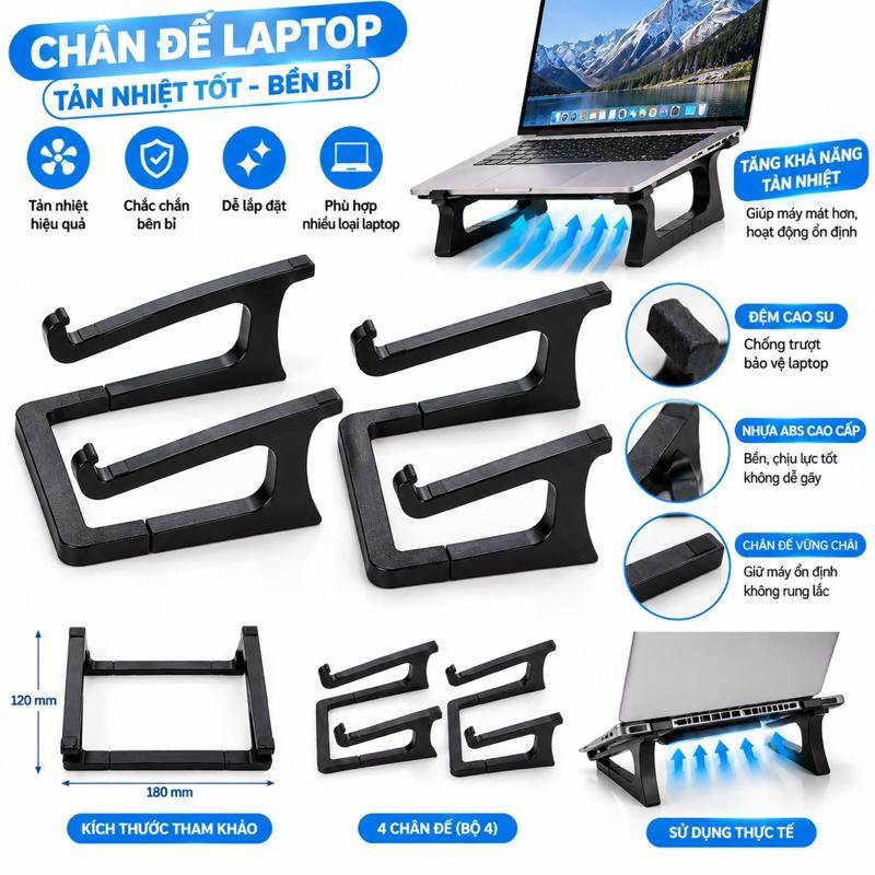Chân Đế Laptop Nhựa ABS Cao Cấp Bộ 4 Chân Đỡ Máy Tính Chống Trượt Tản Nhiệt Tốt Lắp Đặt Dễ Dàng Kích Thước 120x180mm