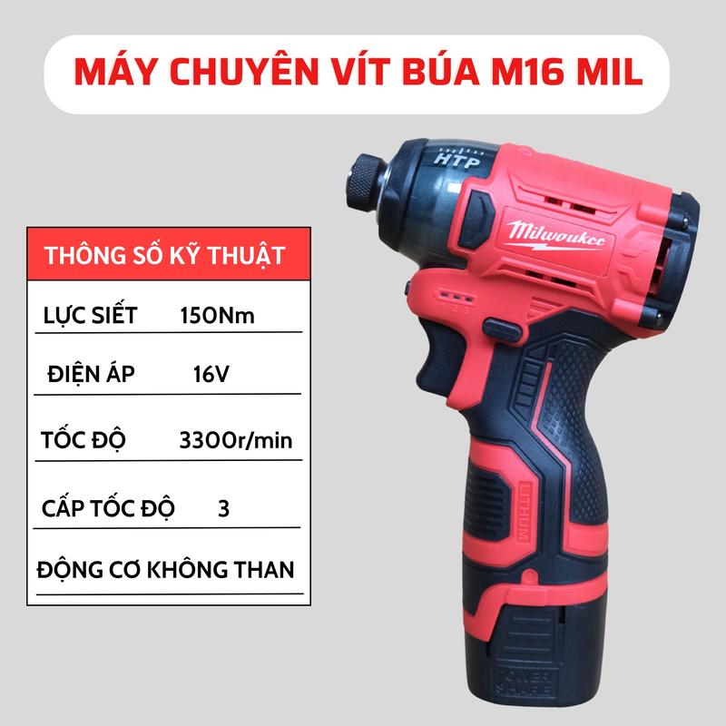  Máy chuyên vít búa Milwaukee M16 động cơ không chổi than bộ 2 pin sạc 