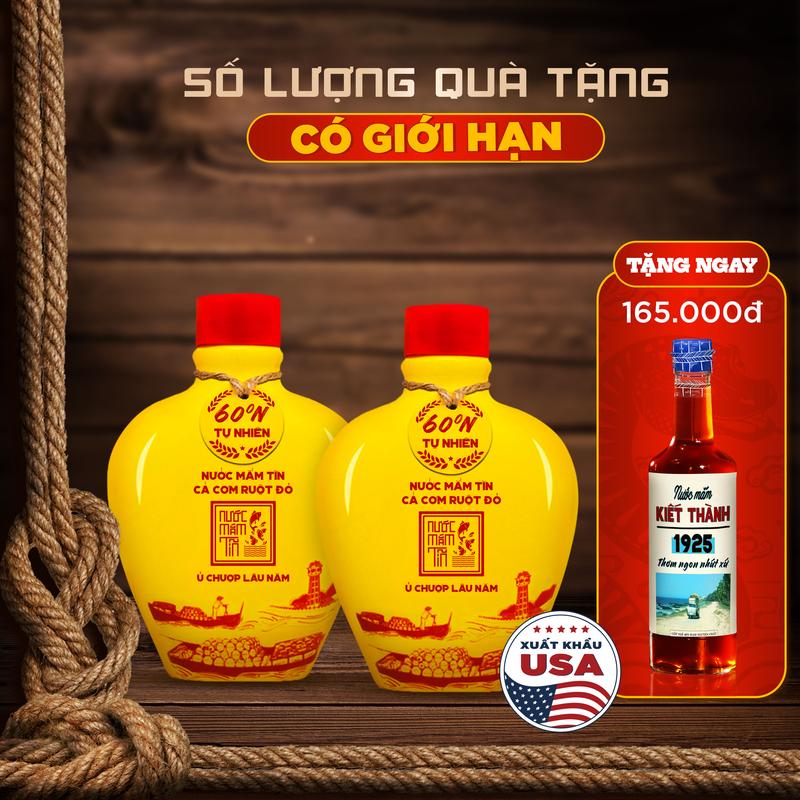 COMBO 02 BÌNH GỐM CÁ VÀNG 60 ĐẠM Nước mắm Tĩn cá cơm ruột đỏ độ đạm 60N 250ml rin nguyên chất không chất bảo quản- TET