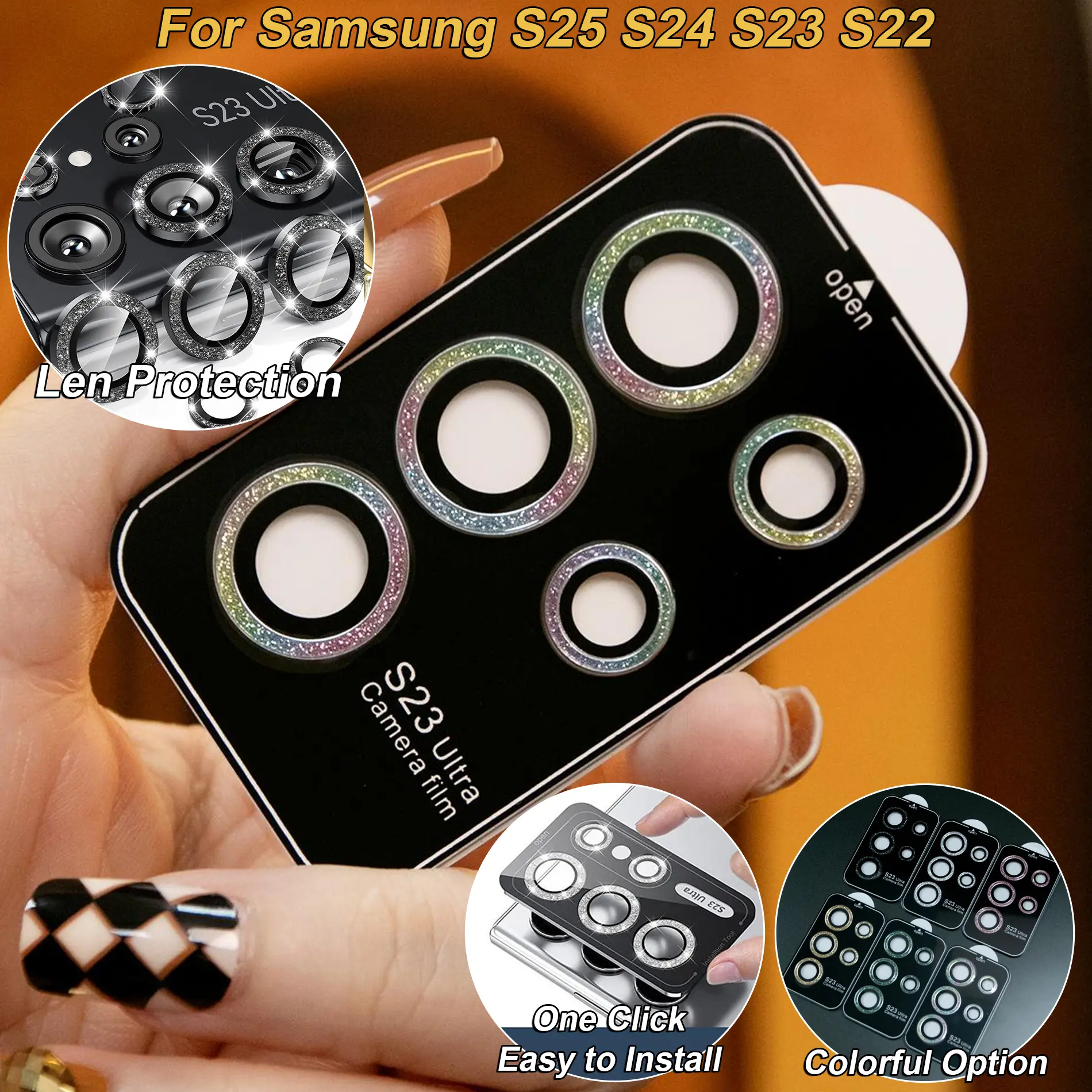 Glitter Camera Lens Protector Case 9H Tempered Glass Films Military-Grade Protection For Samsung S25 S25Plus S25Ultra S24 S24Plus S24Ultra S22Ultra S23 S23Plus S23 Ultra