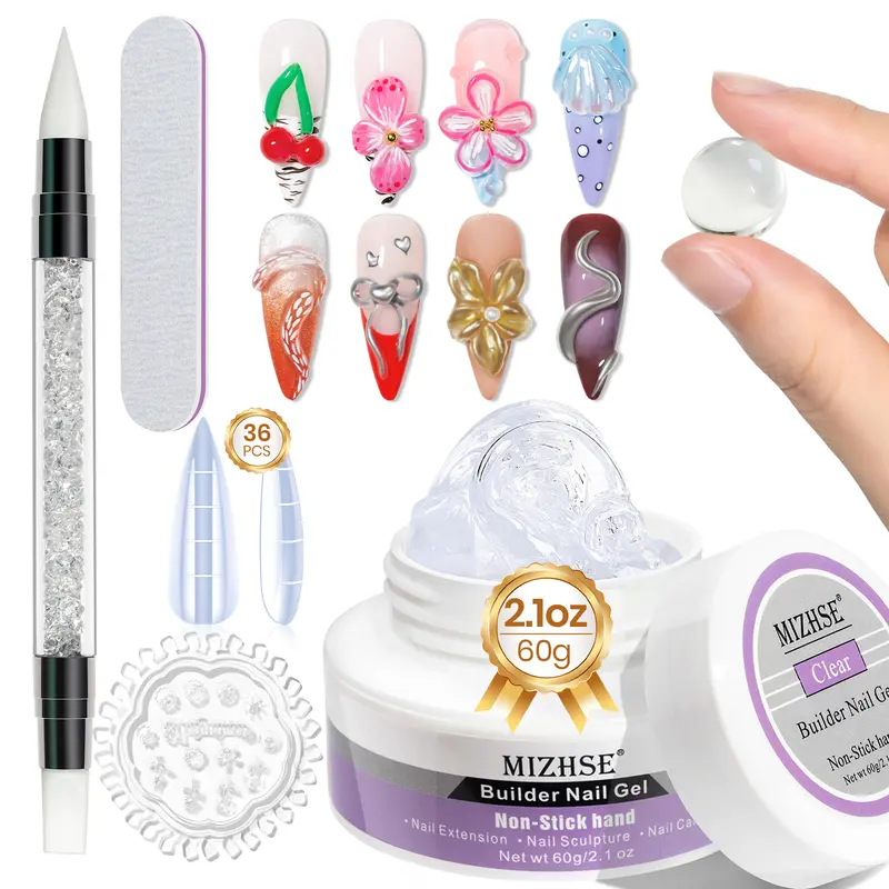 MIZHSE 60g Builder Nail Gels Nail Kit Clear Non-Stick Hand Nail Extension Gel with Nail Pen, Silicone Forms, 36 Nail Tips for Beginners & Salon Professionals Soak off UV/LED 0