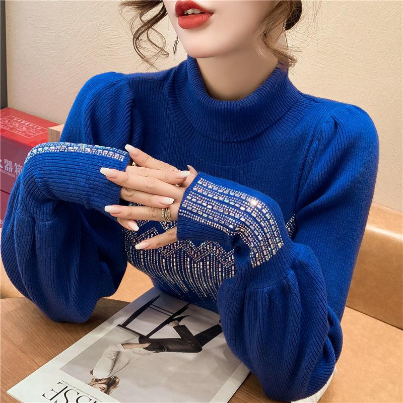 Product Introduction of Solid Color Diamonds Turtleneck  Sweaters Autumn Winter Female Commute Fashion Lantern Sleeve Thick Knitted Jumpers 5