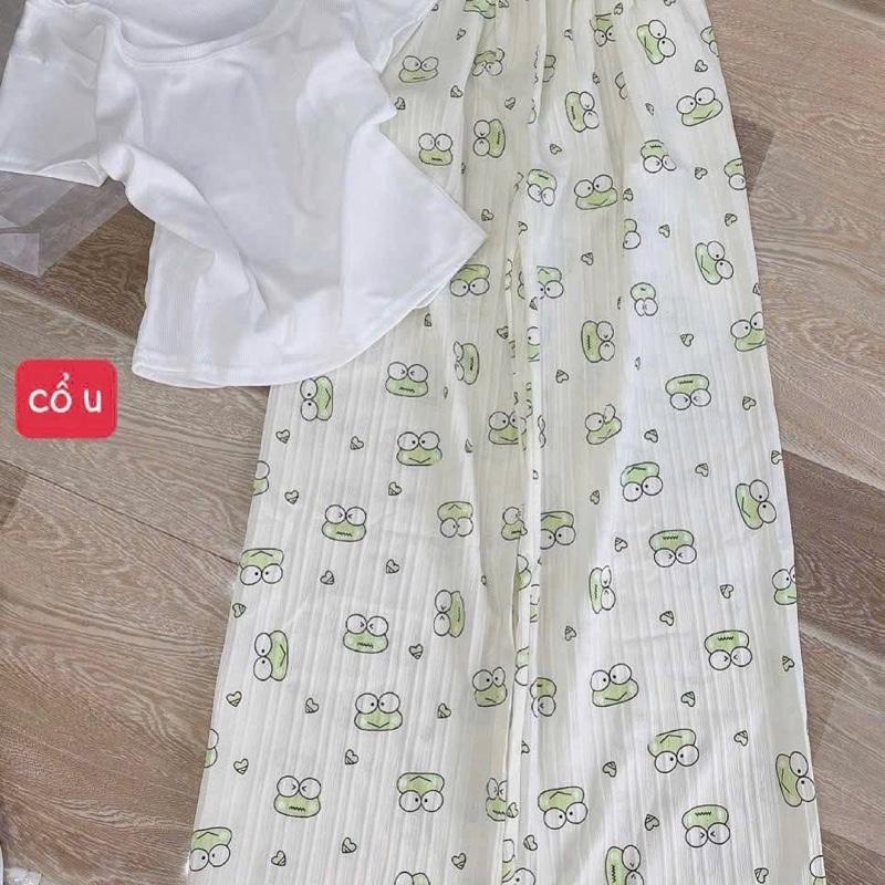 Set bộ áo babytee cổ vuông mix quần xuông đũi in full ếch