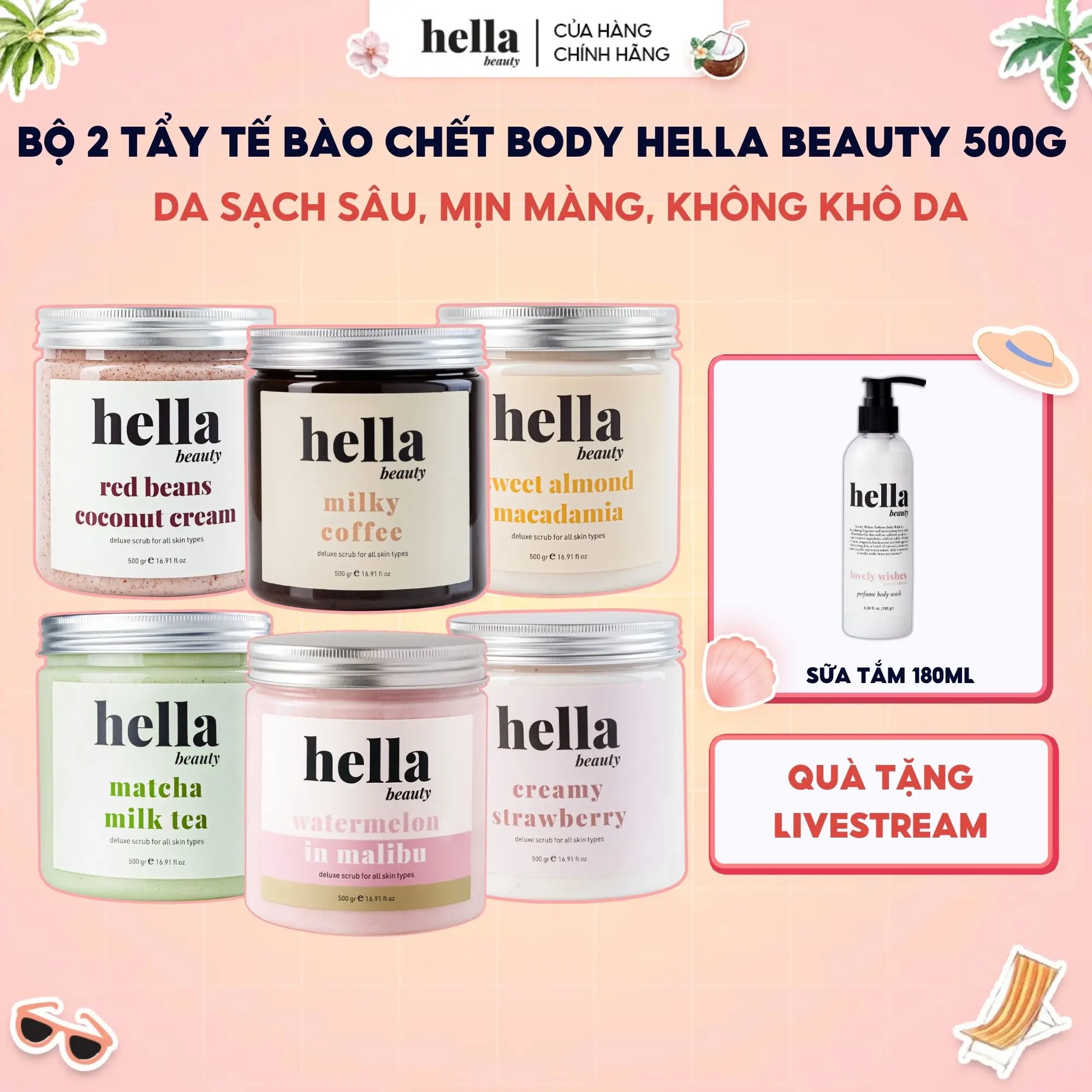 Bộ 2 Tẩy Tế Bào Chết Body Hữu Cơ Hella Beauty 500g Dưỡng Da Body