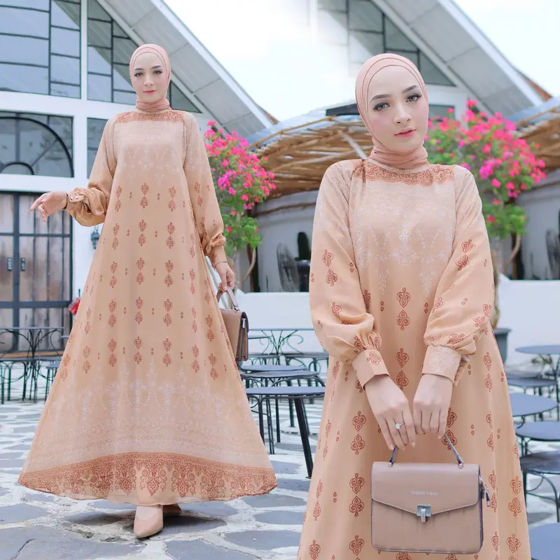 Gamis Set Hijab Motif Cuci Gudang Promosi Wanita Muslim Nyaman Dress Dewasa Lebaran 3