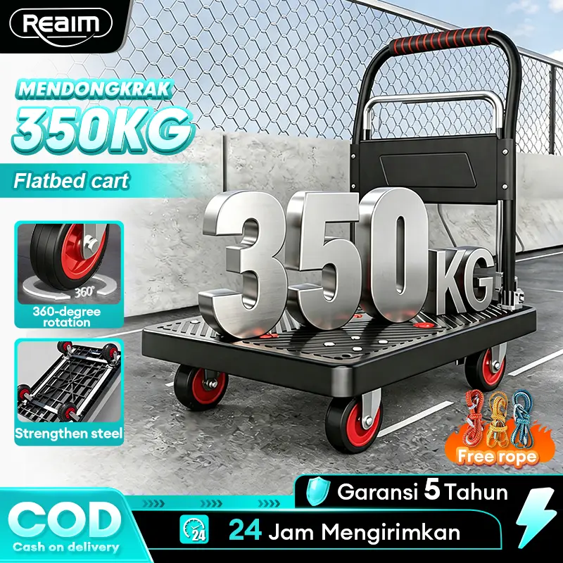 REAIM troli dorong lipat dan teleskopik dengan dua batang  kapasitas beban 350KG  troli platform  troli bengkel troli lipat, troli belanja lipat  versi upgrade dengan roda troli yang diperkuat, ringan dan dapat dilipat, dilengkapi tali elastis gratis