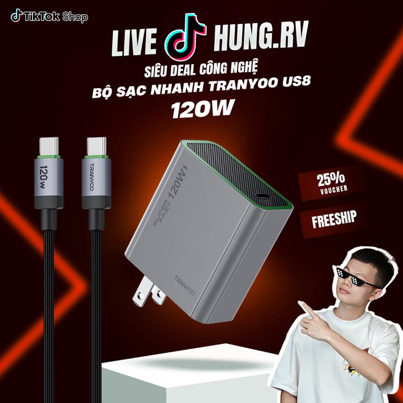 Bộ Củ Sạc Nhanh GaN Pro+ 120W Tranyoo US8 Cổng Type-C Sạc Nhanh W PPS, PD3.1, UFCS - Sạc Cho Điện Thoại Và Laptop Chuẩn PD củ sạc 120w sạc nhanh 120w Phụ Kiện sạc điện thoại, laptop