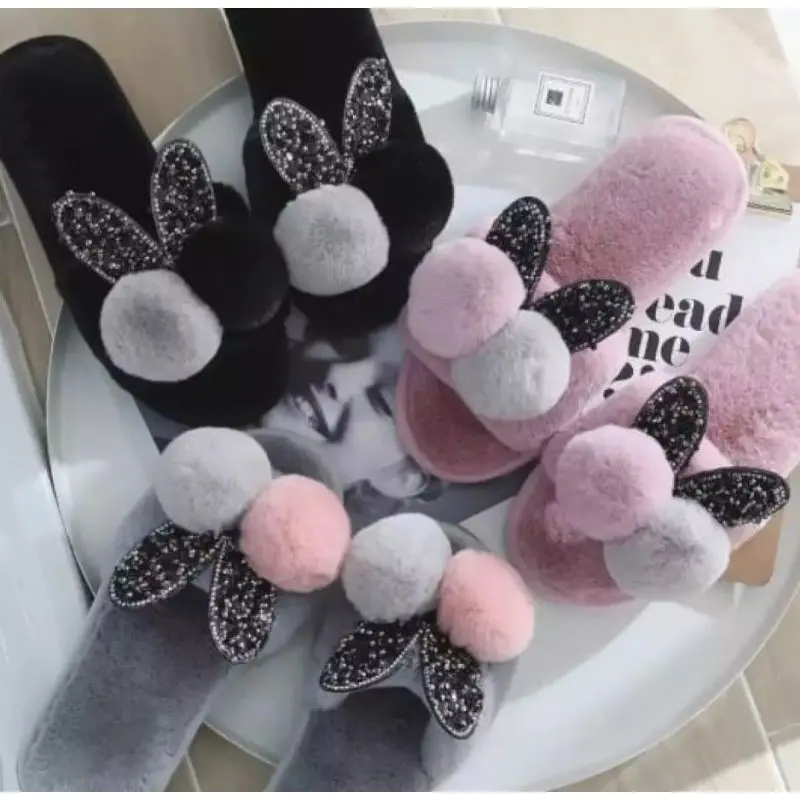 Sandal Wanita Sandal Korea Kokop Bulu Pom-pom Kelinci 36/40 DAN 31/35 DAN 26/30