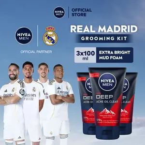 (PAKET HEMAT ISI 3) NIVEA MEN Facial Foam Deep Acne Oil Clear Face Scrub 100ml - Sabun cuci muka pria wajah membersihkan bakteri penyebab jerawat komedo kontrol kulit berminyak mengecilkan pori dan angkat sel kulit mati - Himalayan Salt, Salicylic Acid