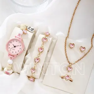 Set Perhiasan Wanita 6 Potong: Jam Tangan Kuarsa Wanita, Jam Tangan Manik-manik, Jam Tangan Berlian, Gelang, Kalung, Anting-anting, Dan Cincin
