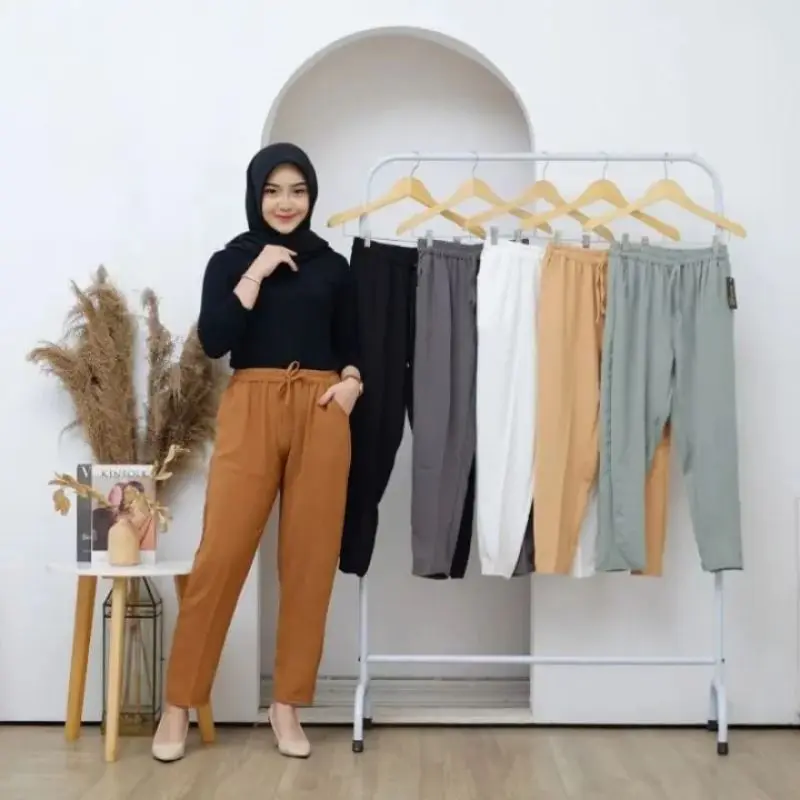 ESDIEF Celana Bagypants Crinkle Panjang Wanita Max bb 50kg - Kulot, Airflow Basic