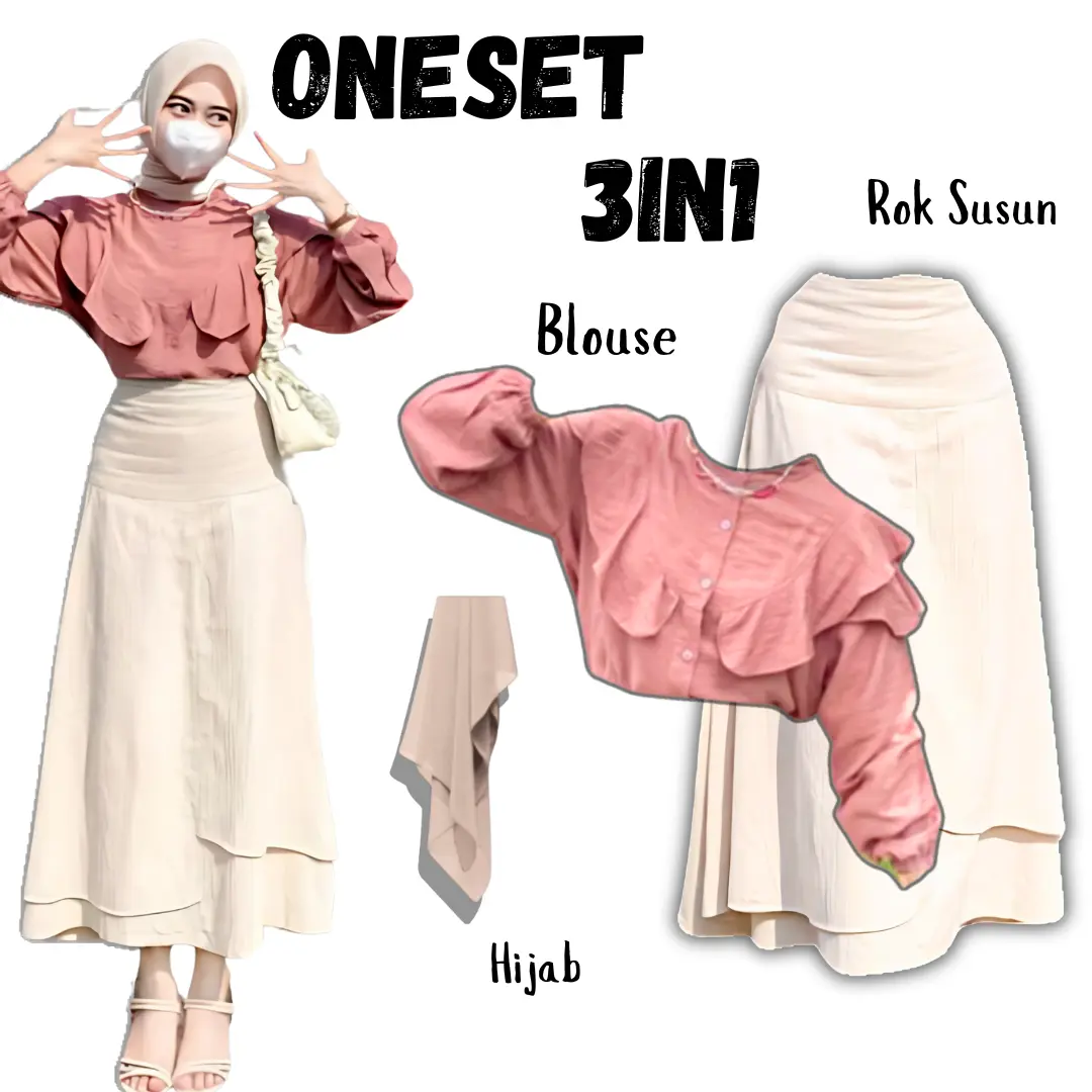 Oneset 3in1 Casual Style Blouse Ruffle + Rok Rampel Lapis + Hijab || 089