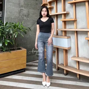 Armyllea - Celana Cutbray Jeans 7/9 Highwaist Full Pinggang Karet bahan Jeans Stretch Mulur