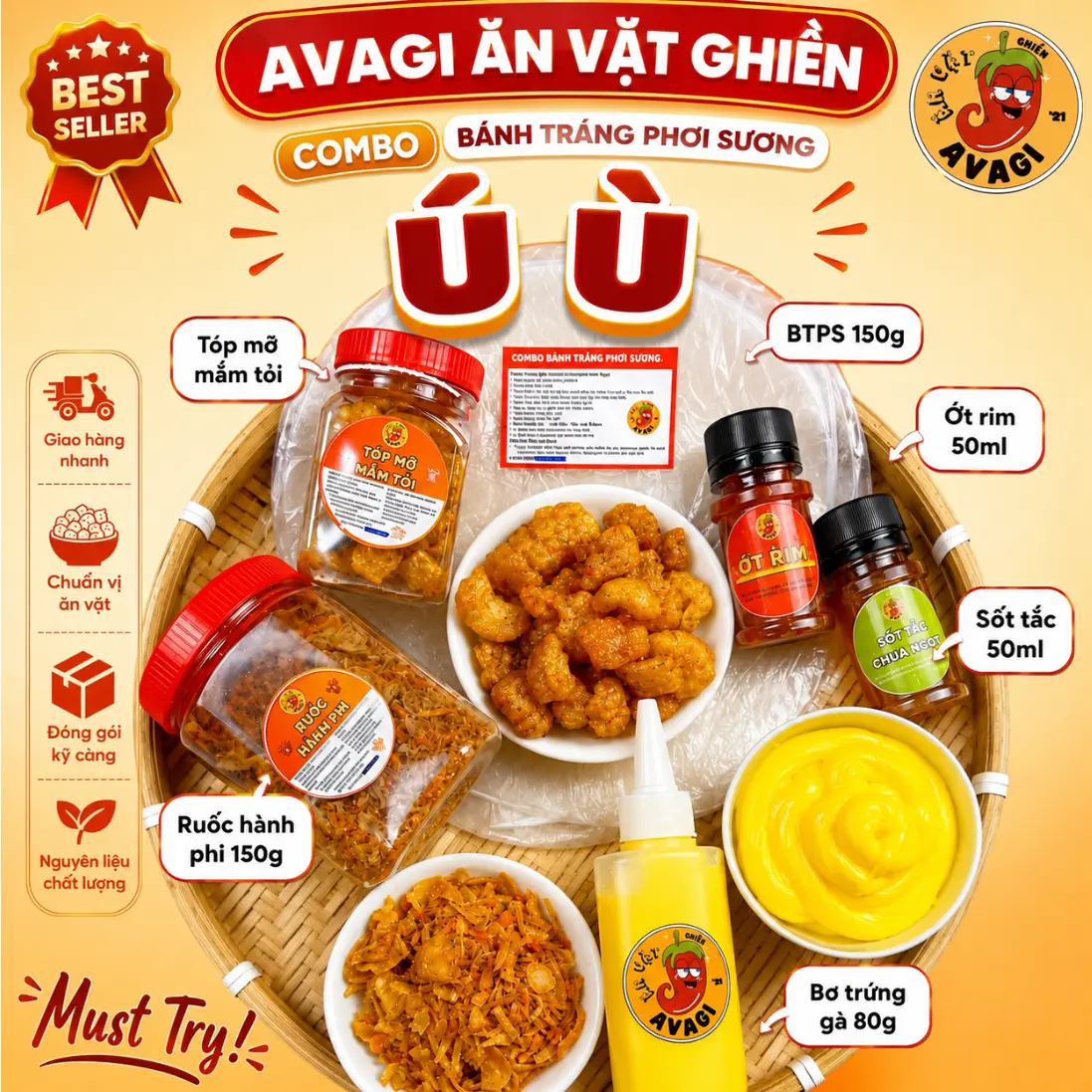 Bánh tráng Phơi Sương COMBO Ú Ù AVAGI (Bánh tráng, Tóp mỡ, túi Bơ, Ruốc hành phi, sốt tắc, ớt rim)  - Snack Vặt Avagi Siêu Hot