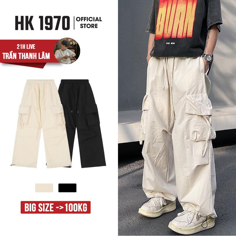 Quần Ống Rộng nam nữ có dây rút Unisex, Quần Túi Hộp Vải Dù Phong Cách Hiphop Đường Phố Q130 Nam Menswear Pants Đen Trắng