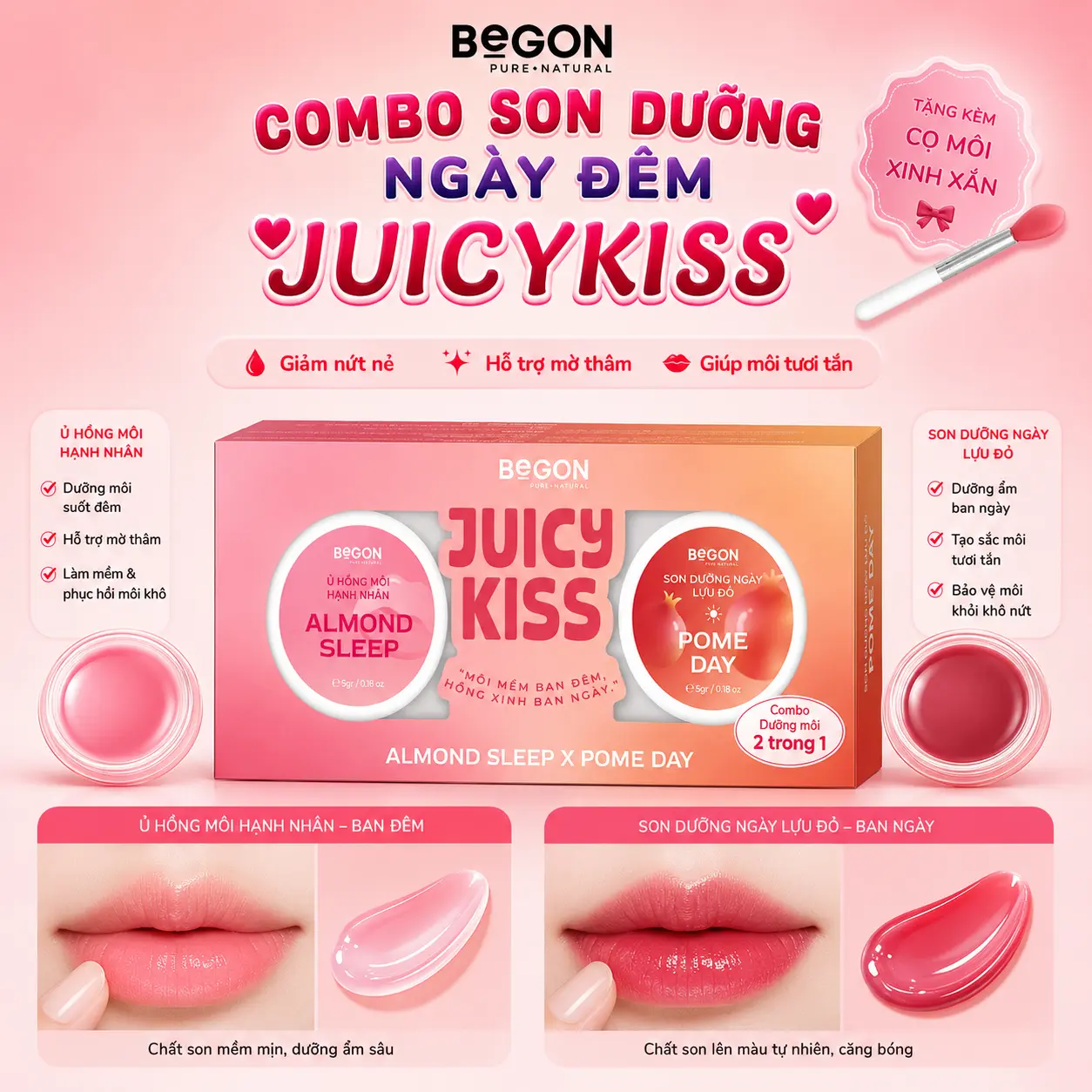 Combo Son Dưỡng Ngày Đêm 2in1 BeGON Juicy Kiss [Son Hạnh Nhân 5g x Son Lựu Đỏ 5g, Hỗ Trợ Dưỡng Ẩm, Làm Hồng Môi & Che Thâm