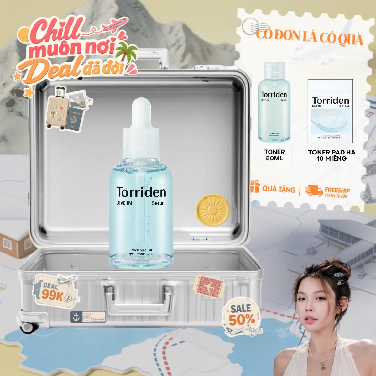 Serum HA Torriden 5D Hyaluronic Acid phân tử nhỏ thấm sâu cấp ẩm làm dịu da DIVE IN Serum 50ml